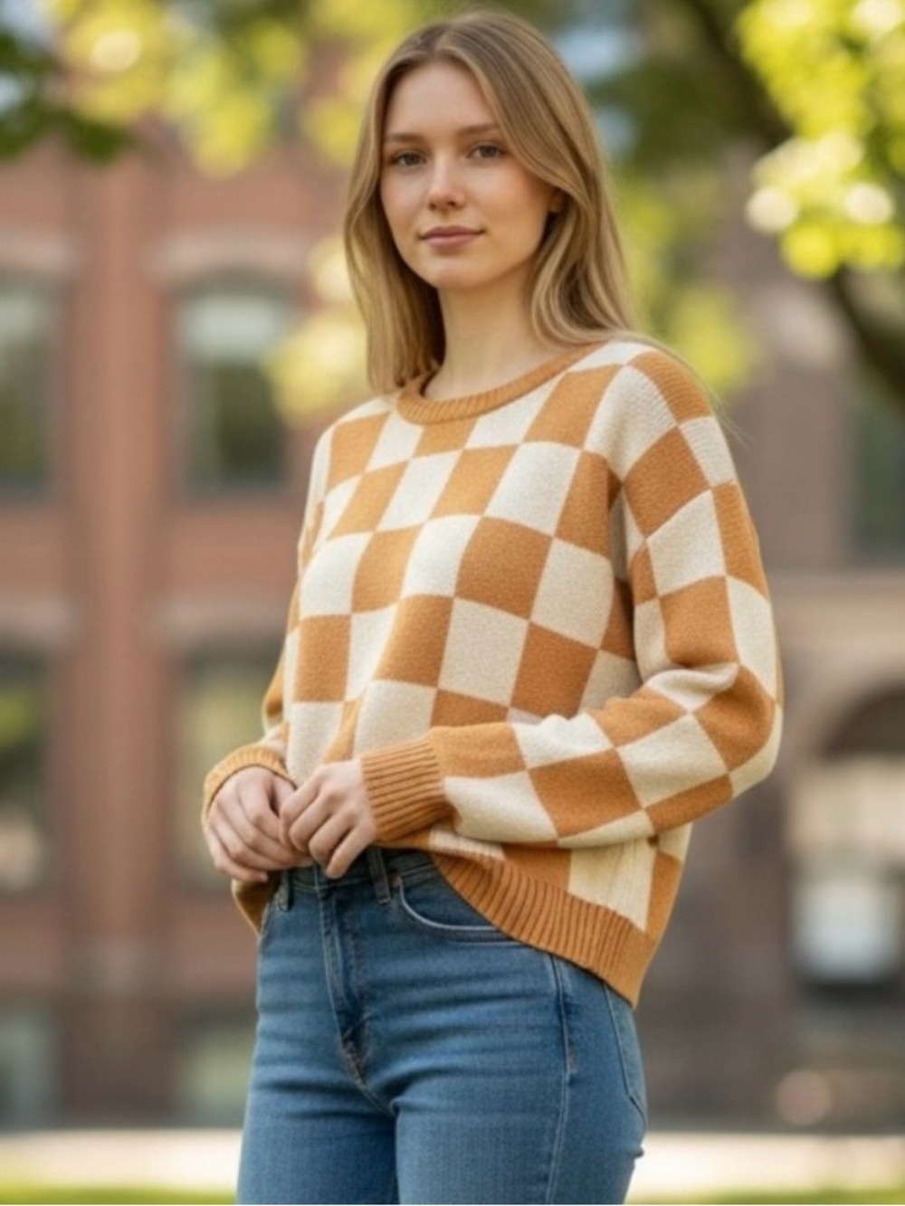 Hen & Thread Burnt Orange and Cream Checker Pullover Sweater - S